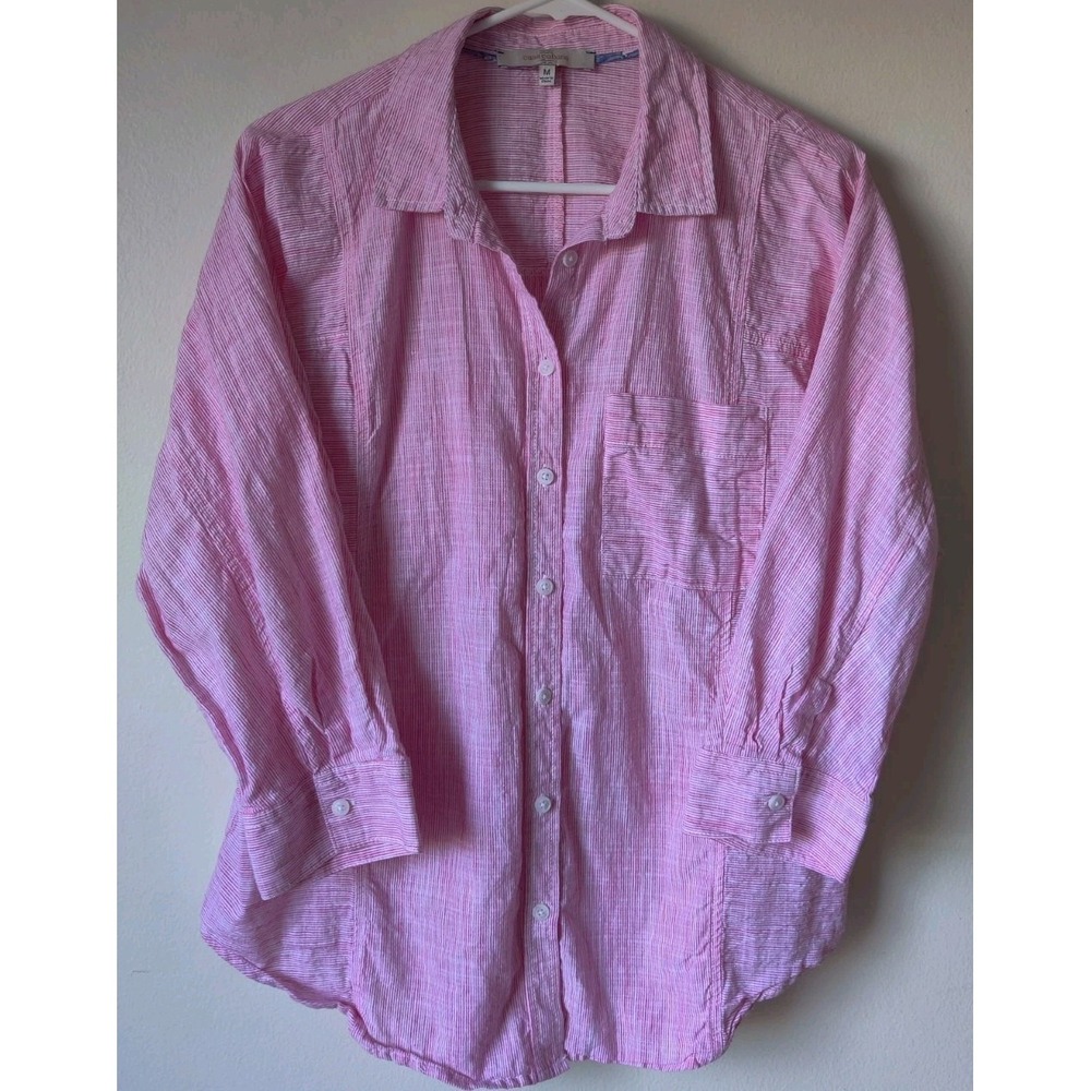 Casa Cabana Women's 100% Cotton Button Up Shirt‎ Red/White Striped Size Medium